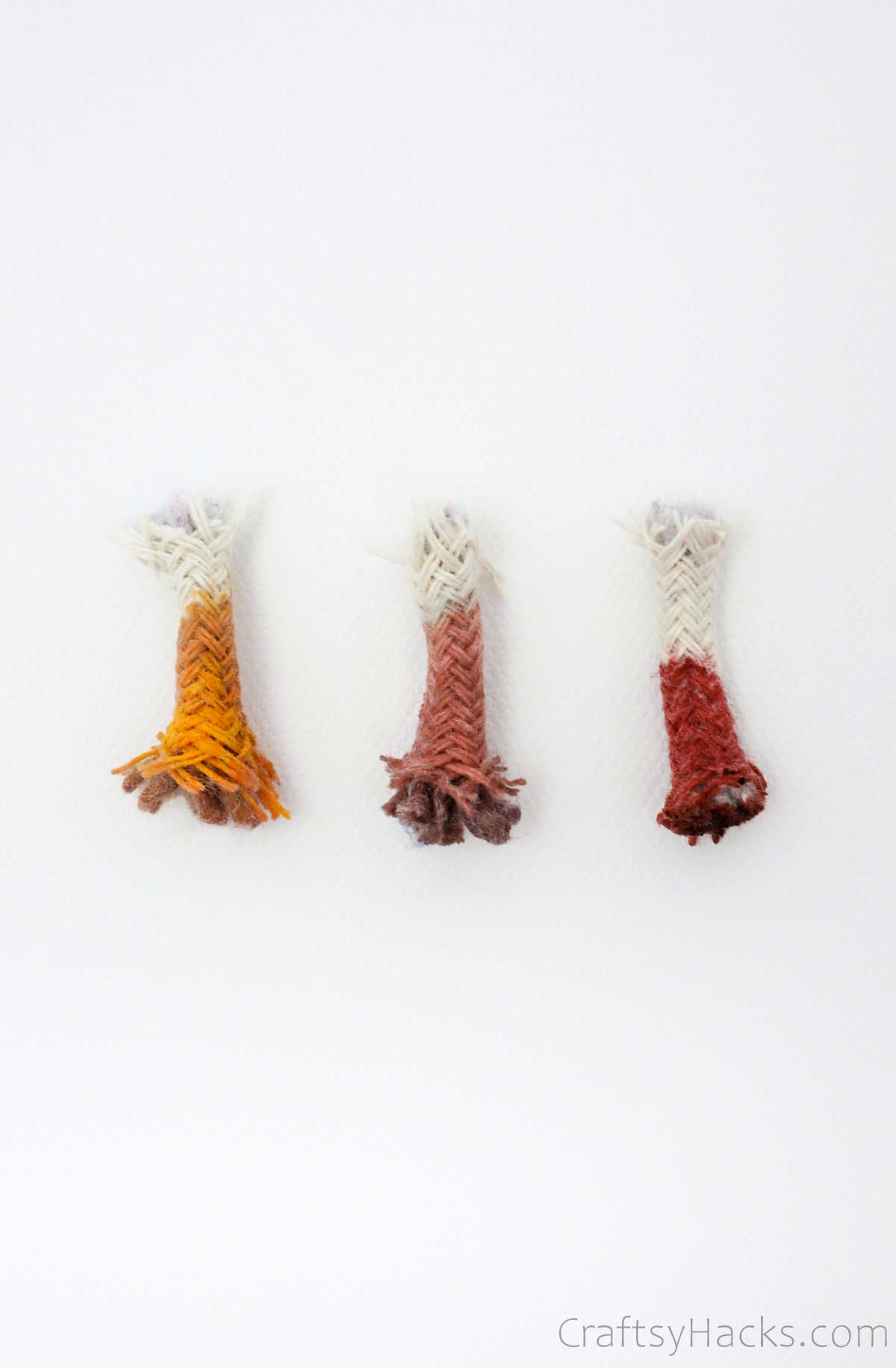 rope pieces dyed orange, pink and red